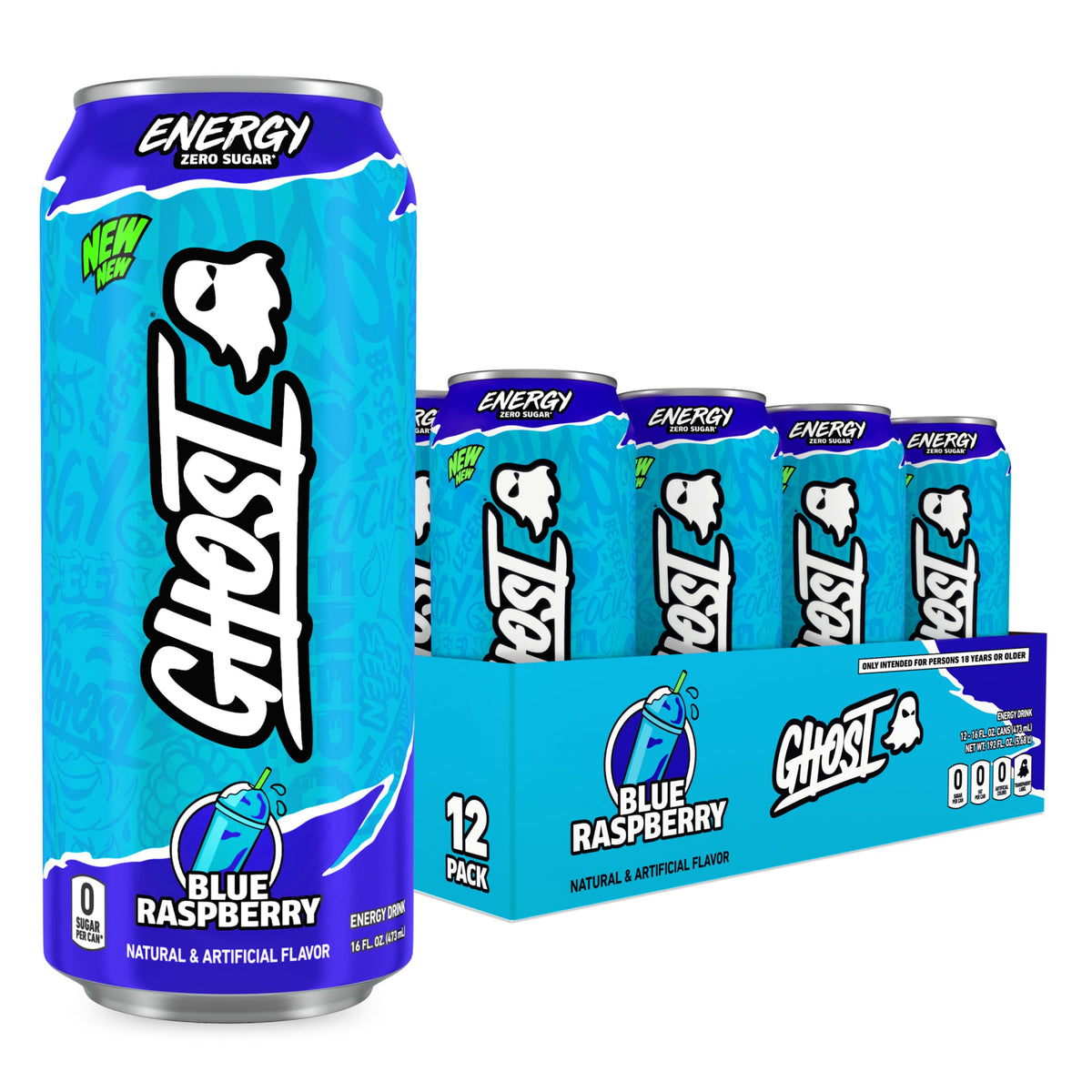 Ghost Energy Blue Raspberry can front view with caffeine and branding.