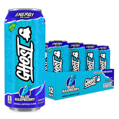 Ghost Energy Blue Raspberry can front view with caffeine and branding.