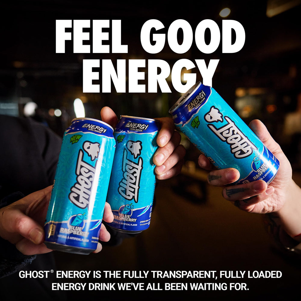 Ghost Energy Blue Raspberry can side panel showing ingredients.