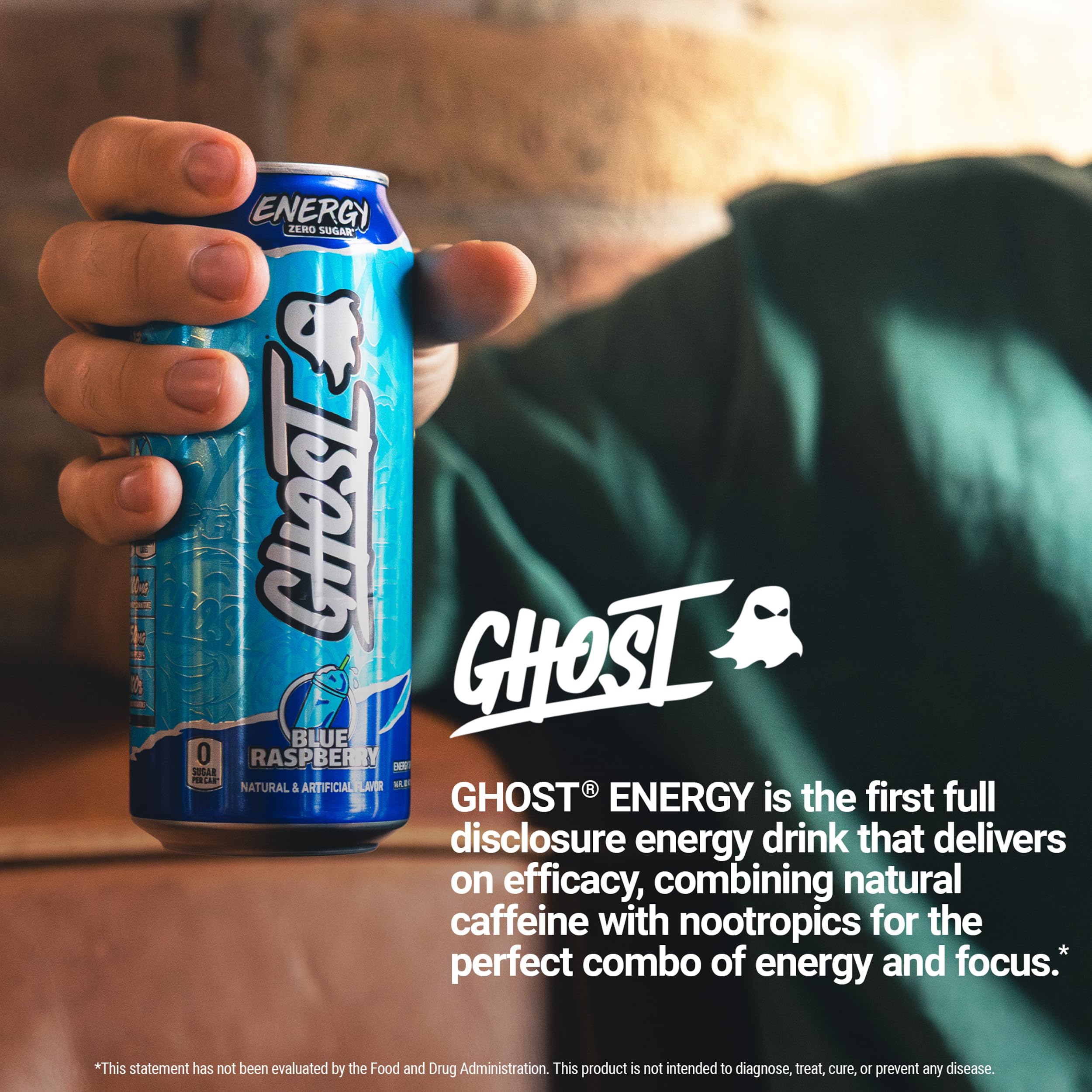 Stacked Ghost Energy Blue Raspberry cans in a multi-pack layout.