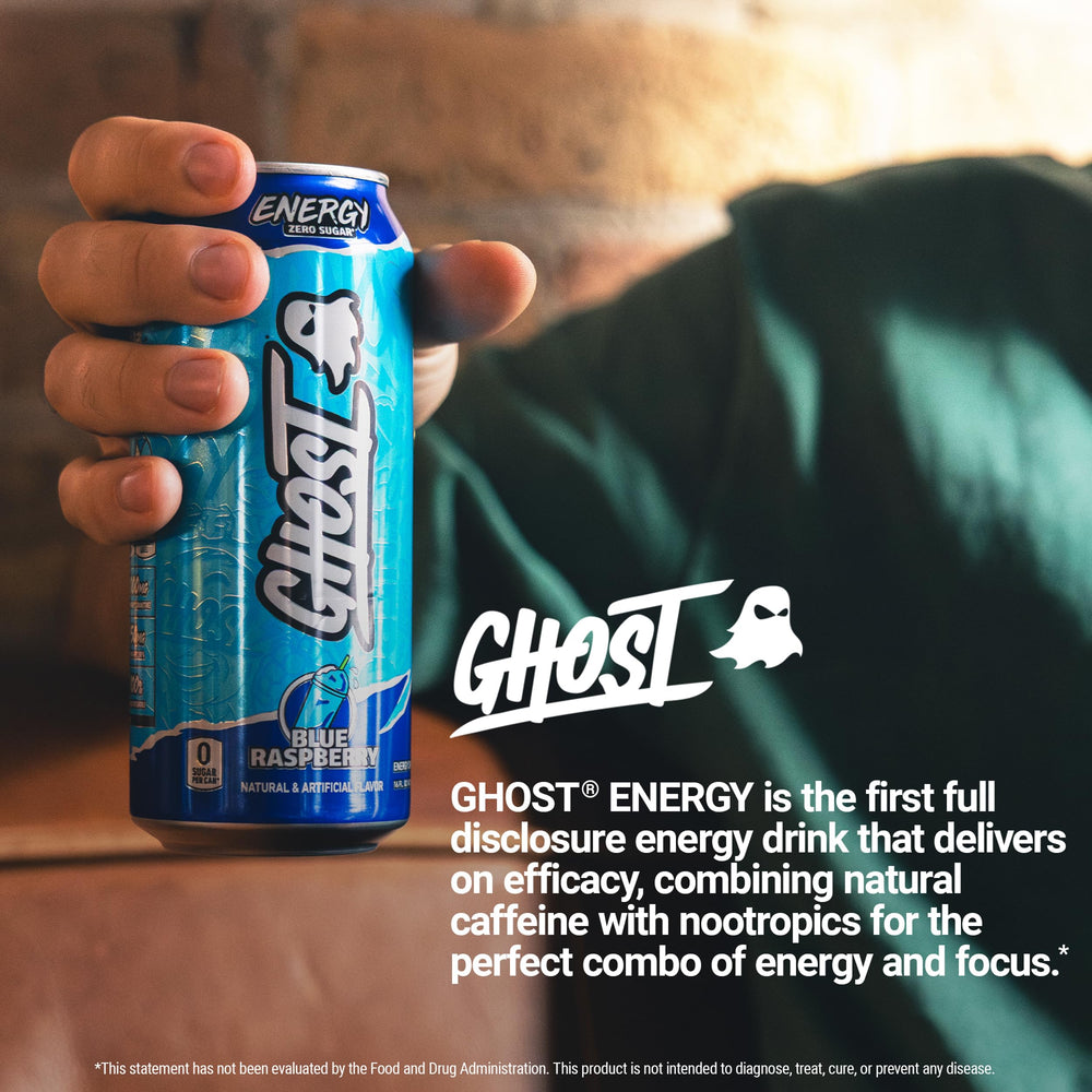 Stacked Ghost Energy Blue Raspberry cans in a multi-pack layout.