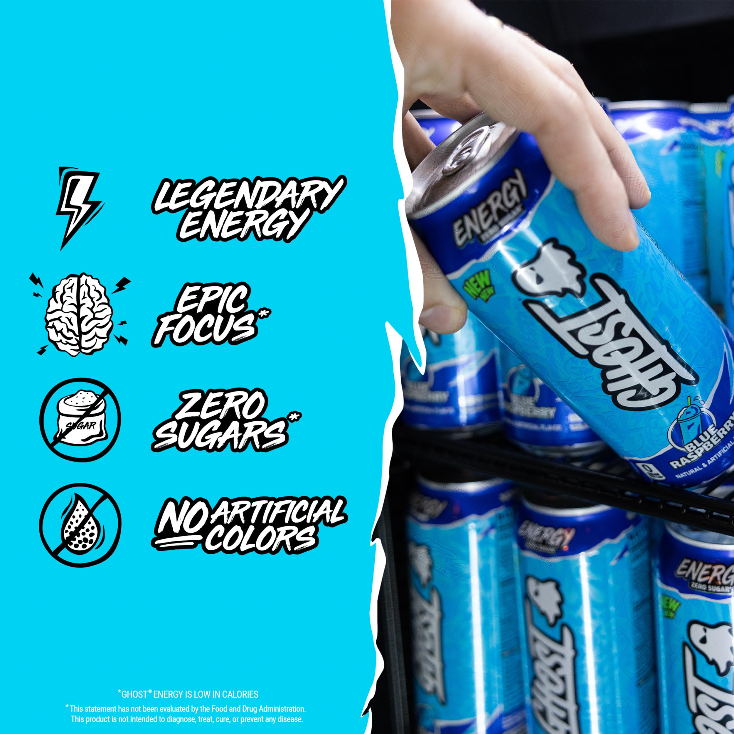 Close-up of Ghost Energy label highlighting caffeine and sugars view.