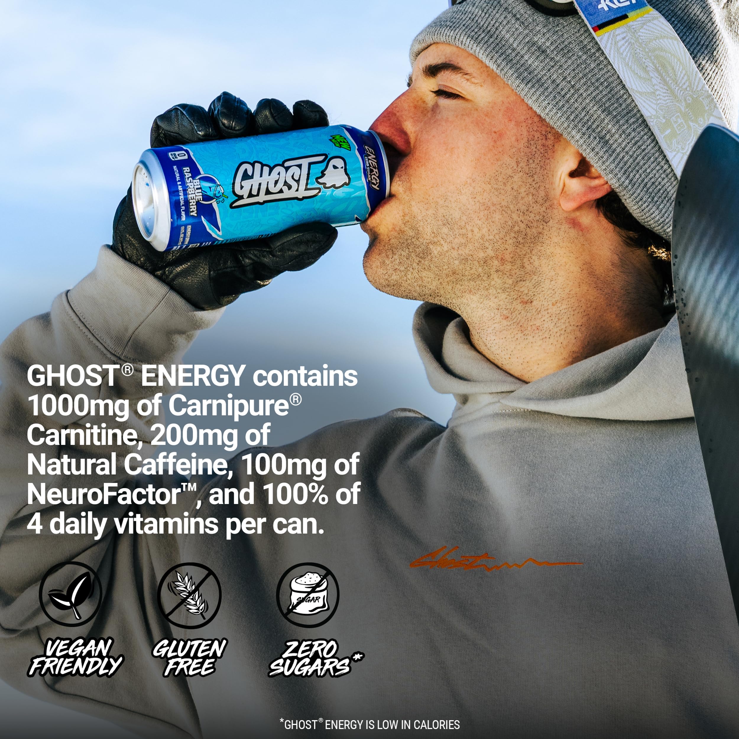 Open Ghost Energy Blue Raspberry can with splash and energy feel.