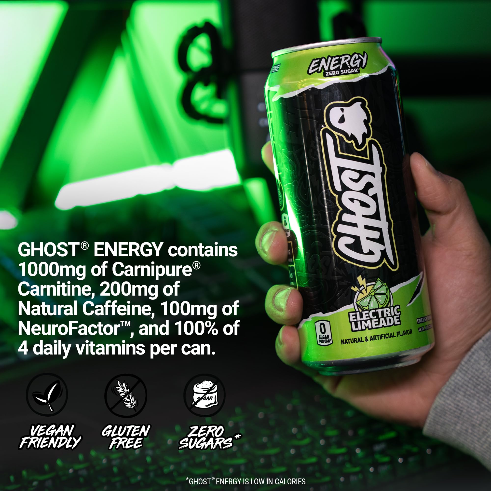 GHOST Energy label highlights 200mg natural caffeine per can