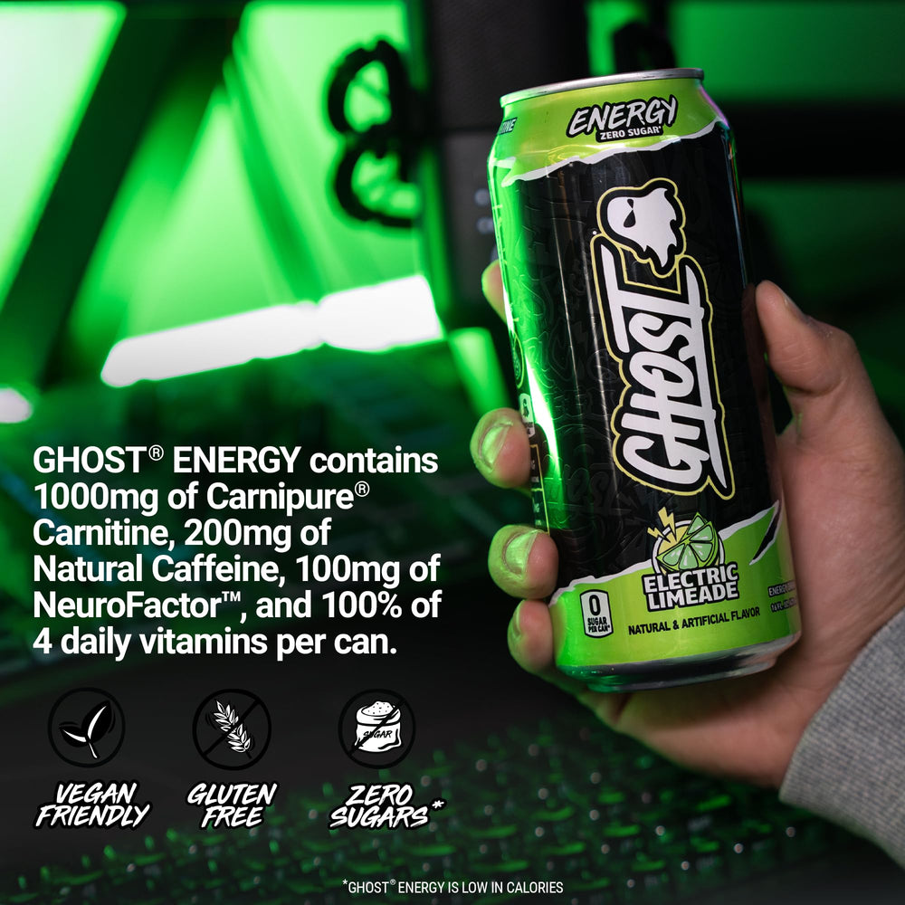 GHOST Energy label highlights 200mg natural caffeine per can