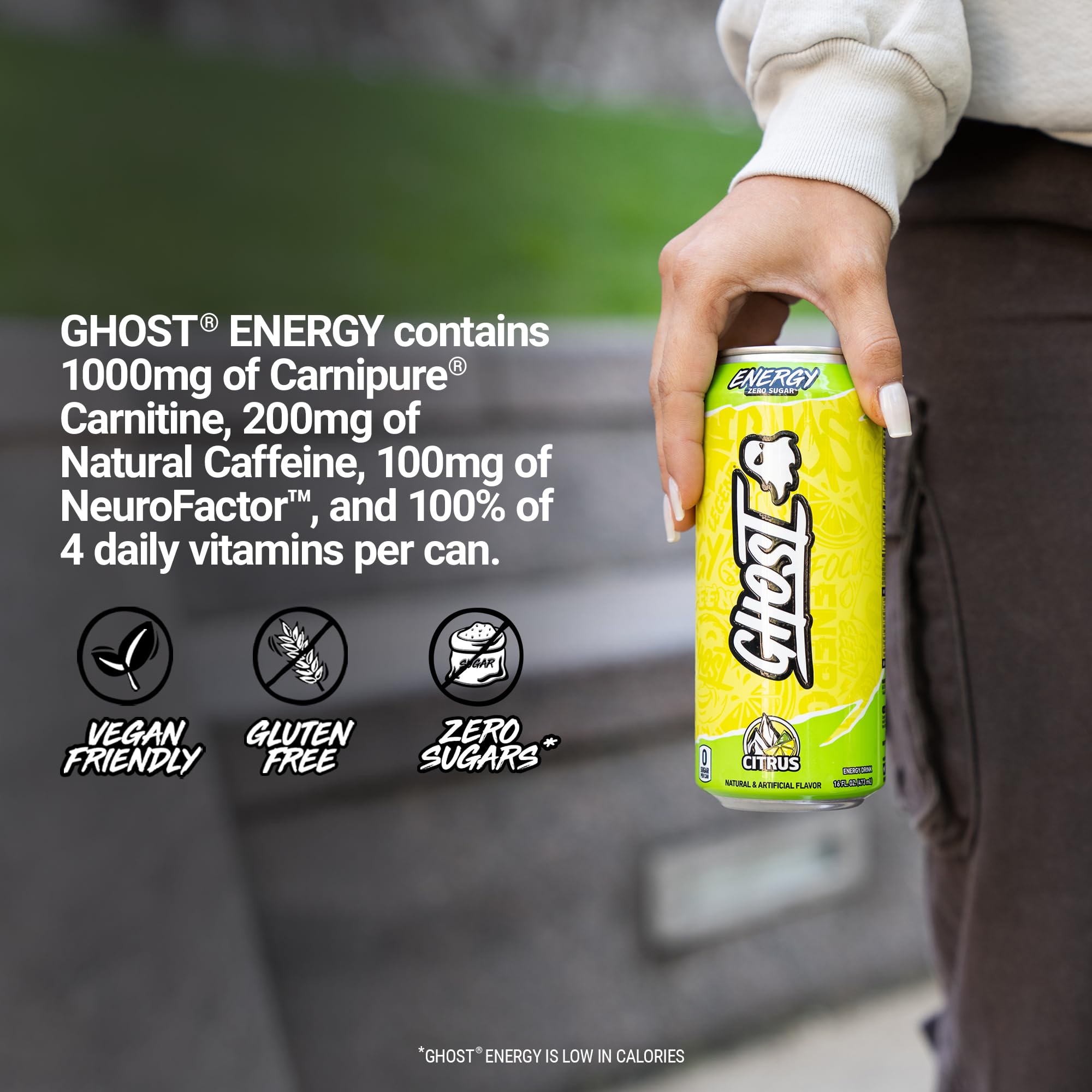 GHOST Energy Citrus 12-pack pack shot, ready for workouts or study sessions.