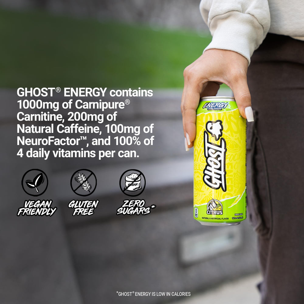 GHOST Energy Citrus 12-pack pack shot, ready for workouts or study sessions.