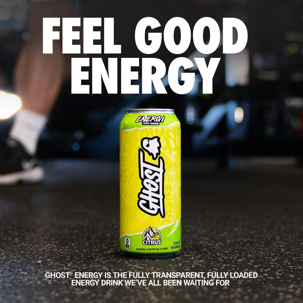 GHOST Energy Citrus 16oz can side, transparent ingredient disclosures for confidence.