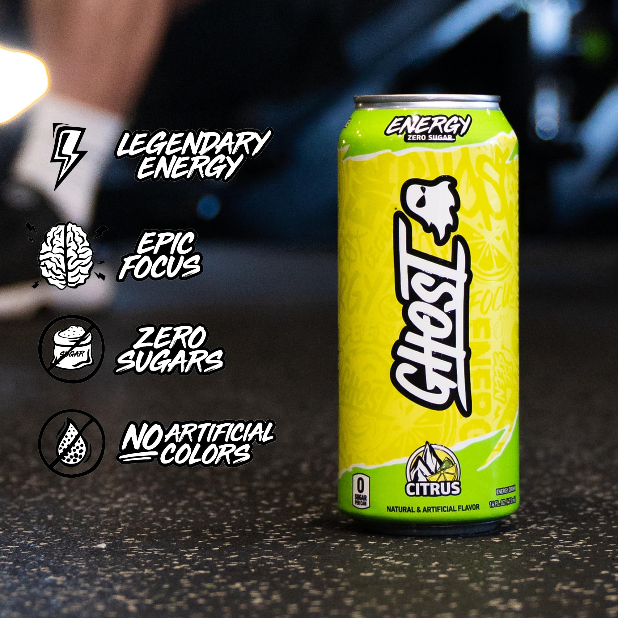 GHOST Energy Citrus glass pour, refreshing flavor with steady energy between meetings.