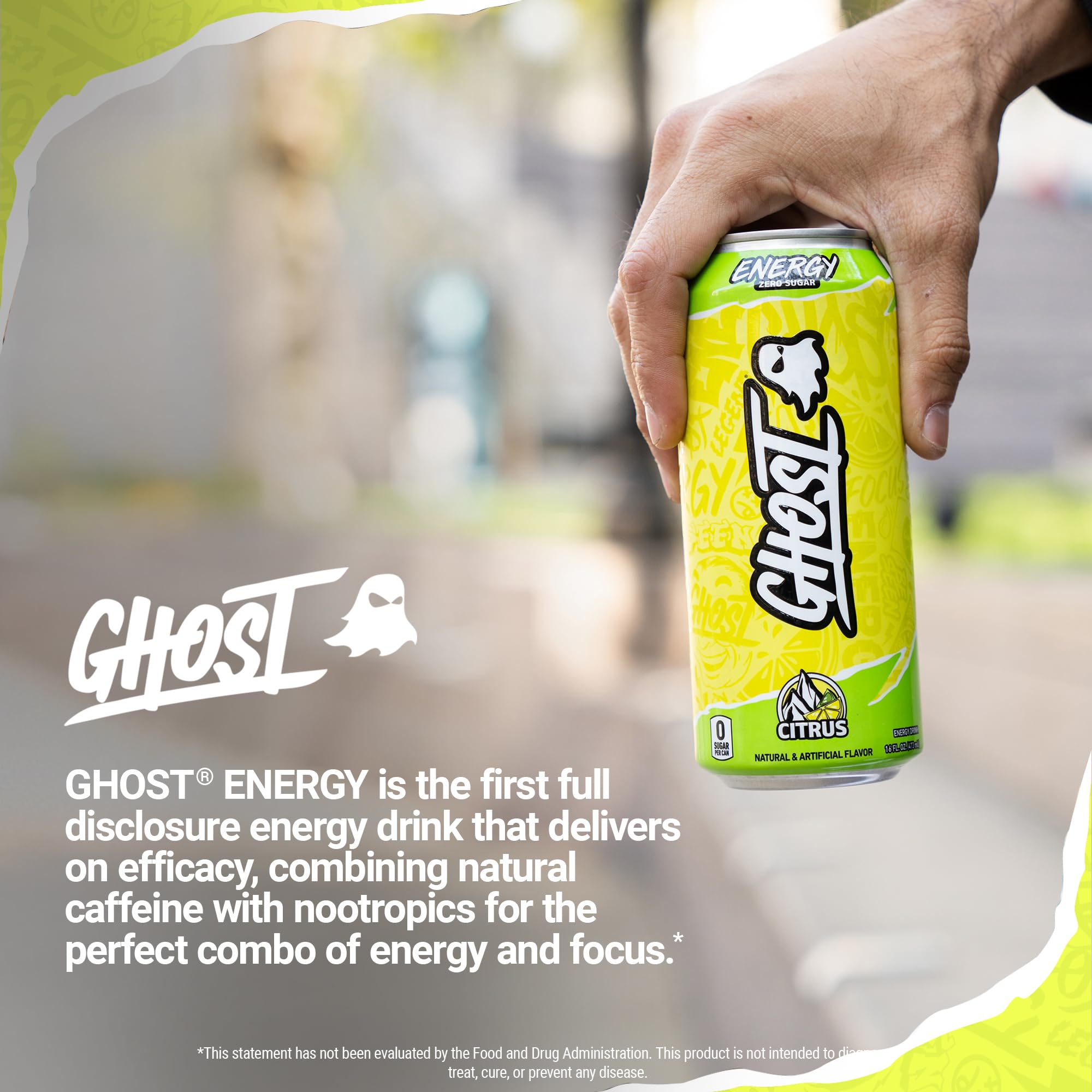 GHOST Energy Citrus graphic display, vegan and gluten-free beverage for on-the-go.