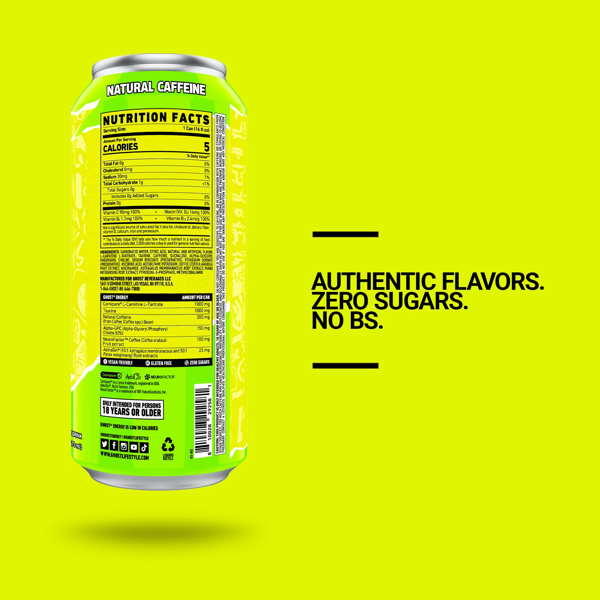GHOST Energy Citrus label detail, zero sugars and natural caffeine highlighted for clarity.
