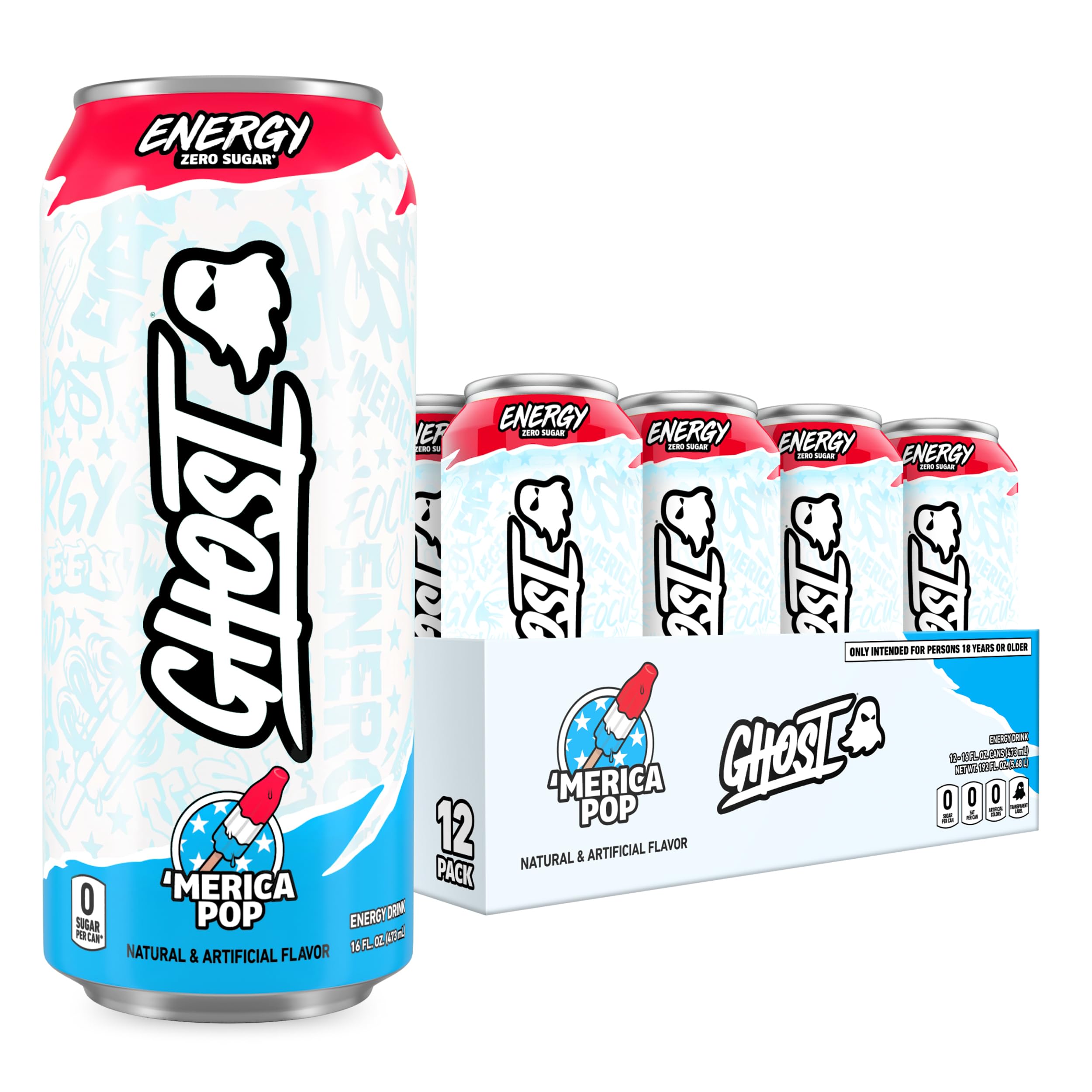 GHOST Merica Pop 16oz can front view showing bold flavor and branding for quick energy