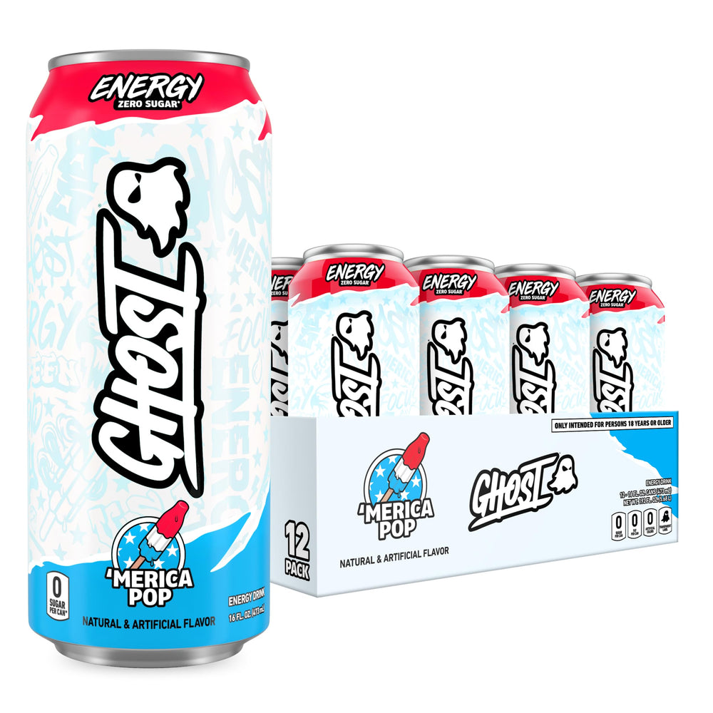 GHOST Merica Pop 16oz can front view showing bold flavor and branding for quick energy
