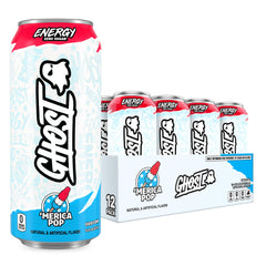 GHOST Merica Pop 16oz can front view showing bold flavor and branding for quick energy