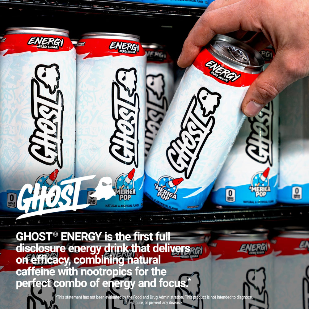 GHOST Merica Pop packaging showing vegan and gluten-free attributes