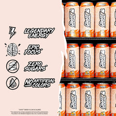 GHOST Energy Peach 16oz can with vegan gluten-free credentials.