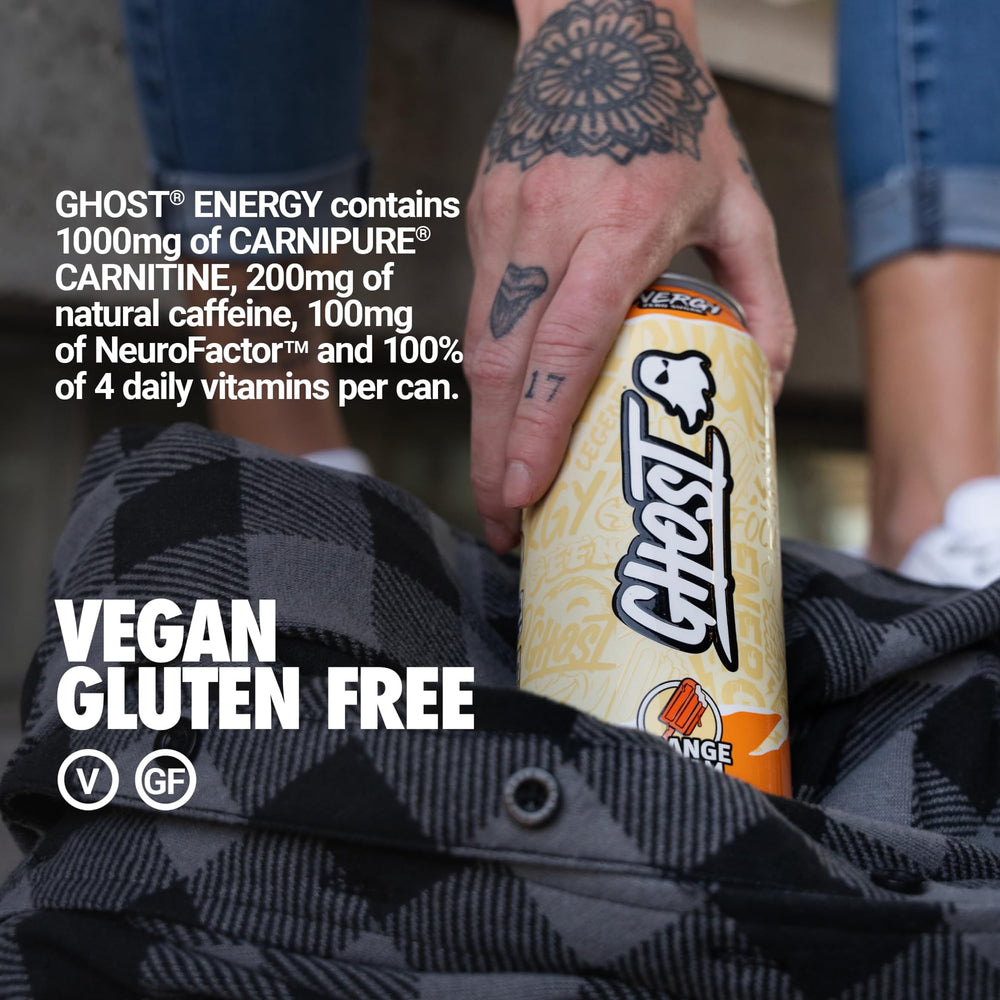 GHOST Energy Orange Cream can close-up with vibrant color detail
