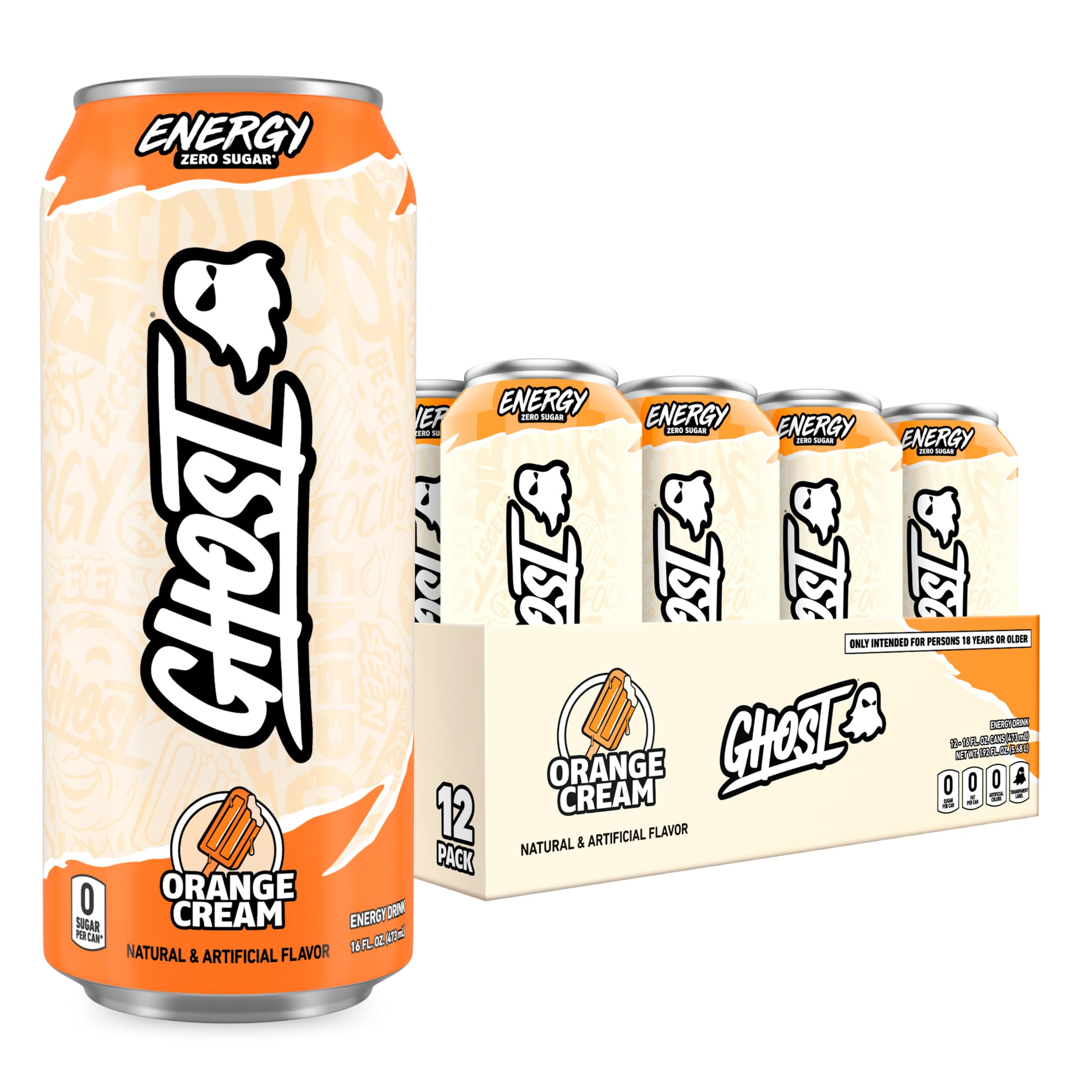 GHOST Energy Orange Cream 16oz can front view for a focused boost