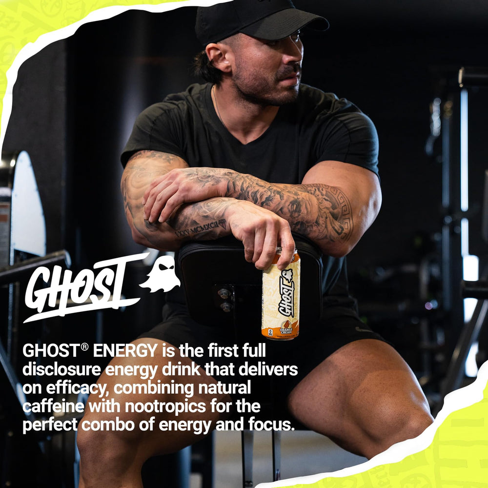 GHOST Energy Orange Cream poured into a glass for refreshing boost