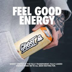 GHOST Energy Orange Cream label close-up shows 200 mg caffeine per can