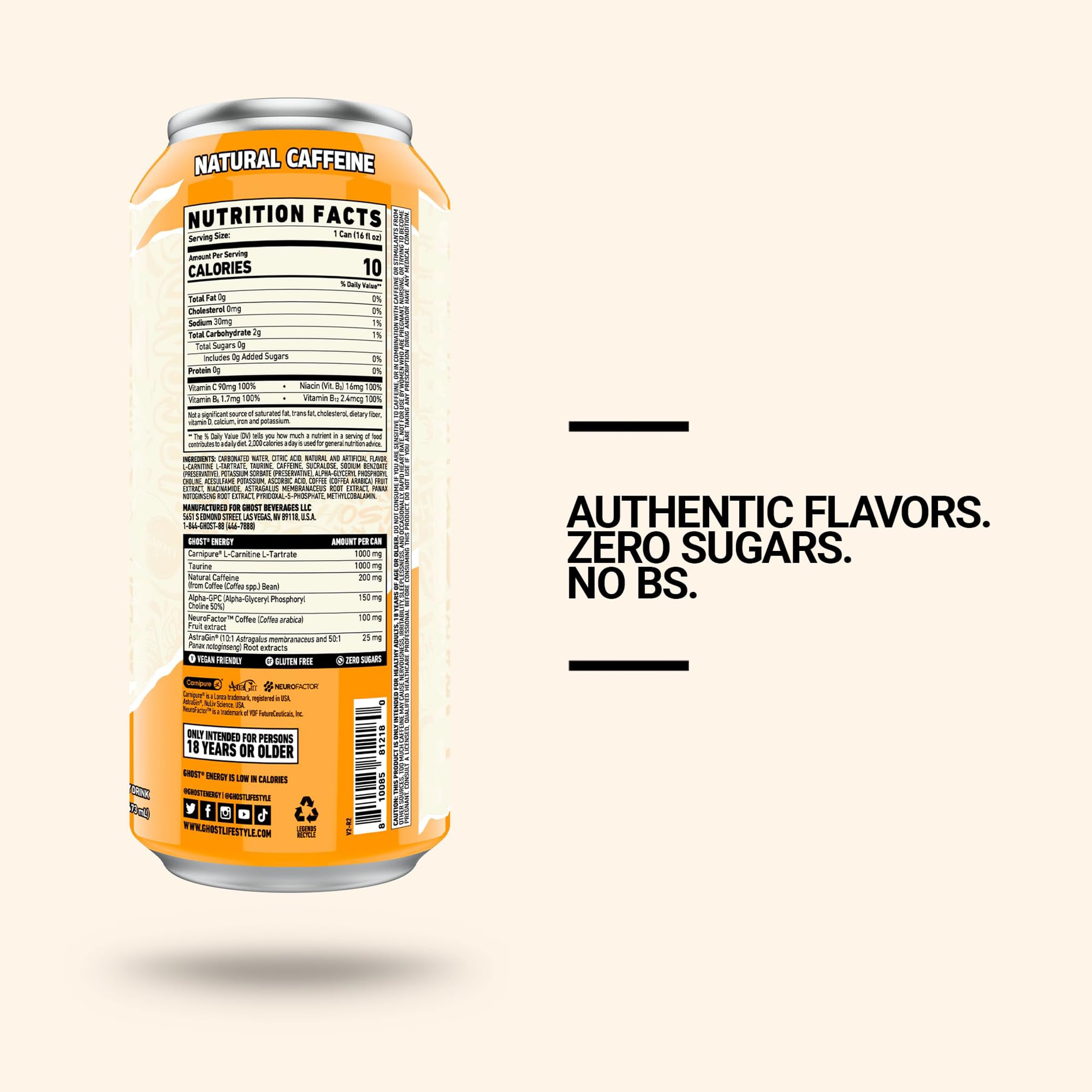 GHOST Energy Orange Cream can side view highlights no artificial colors