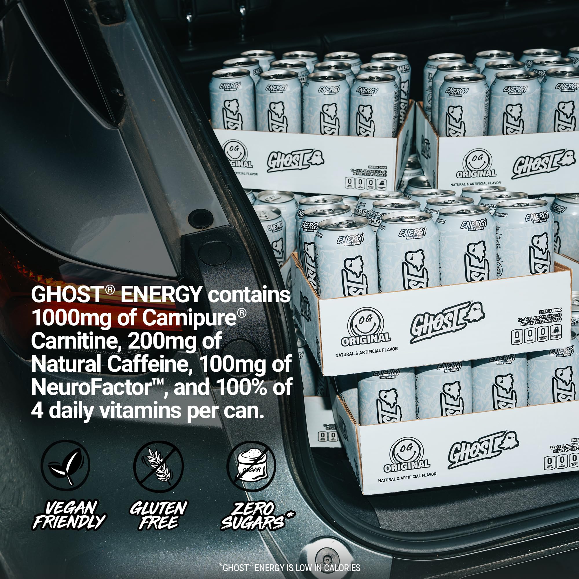 GHOST Energy Original ingredients panel showing natural caffeine and no artificial colors