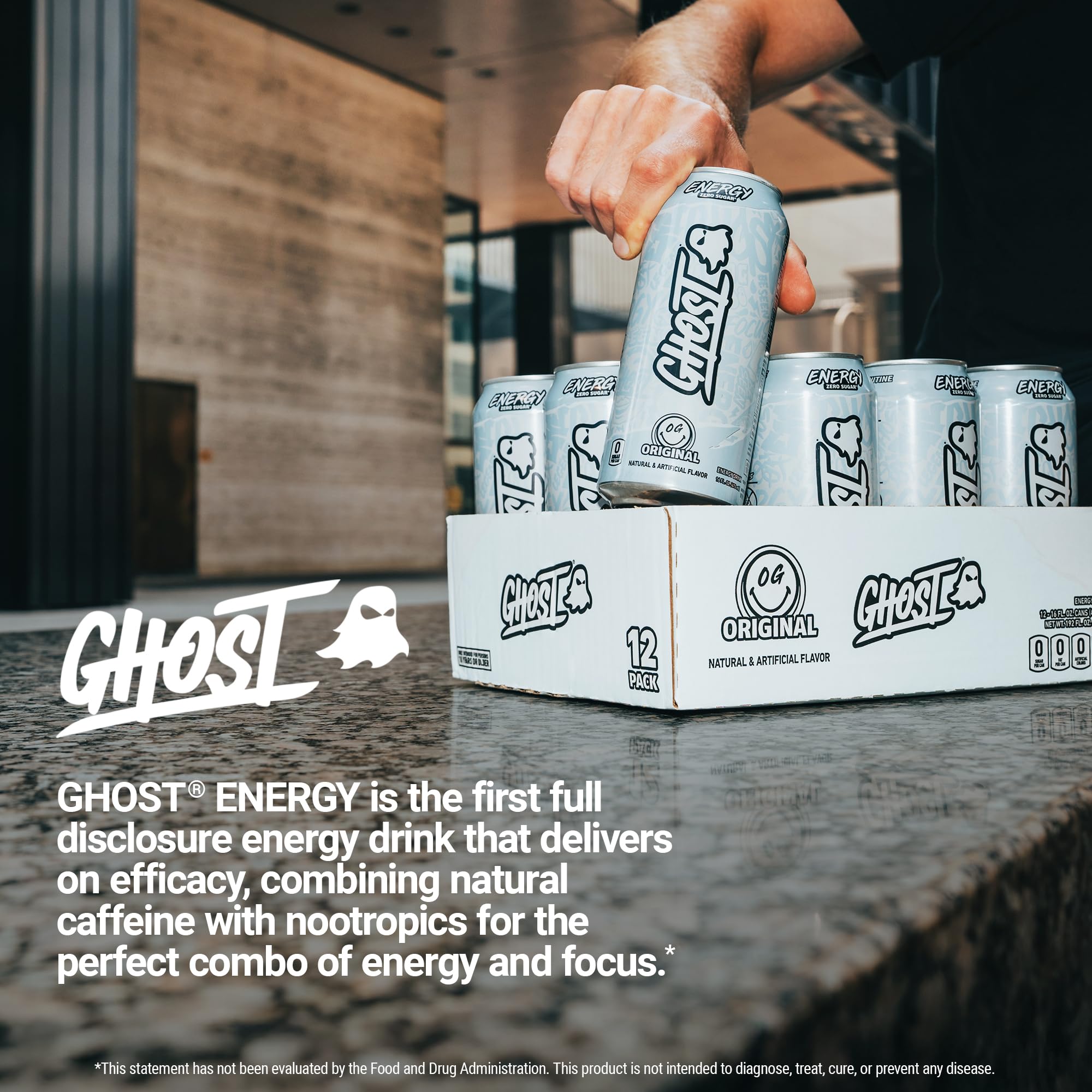 GHOST Energy Original lifestyle shot vegan and gluten-free energy for active days