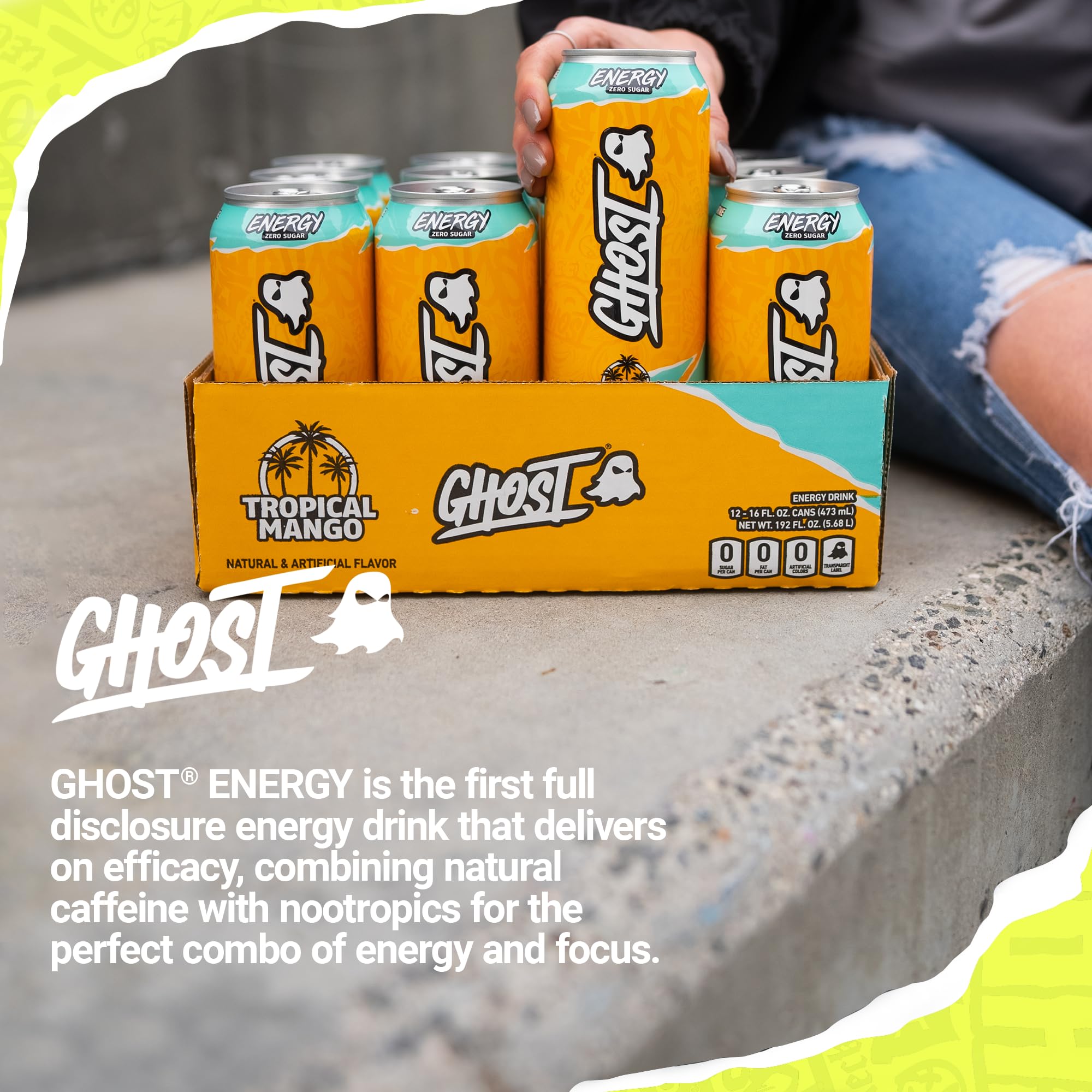 GHOST Energy 12-pack back view, packaging designed for shelf appeal.