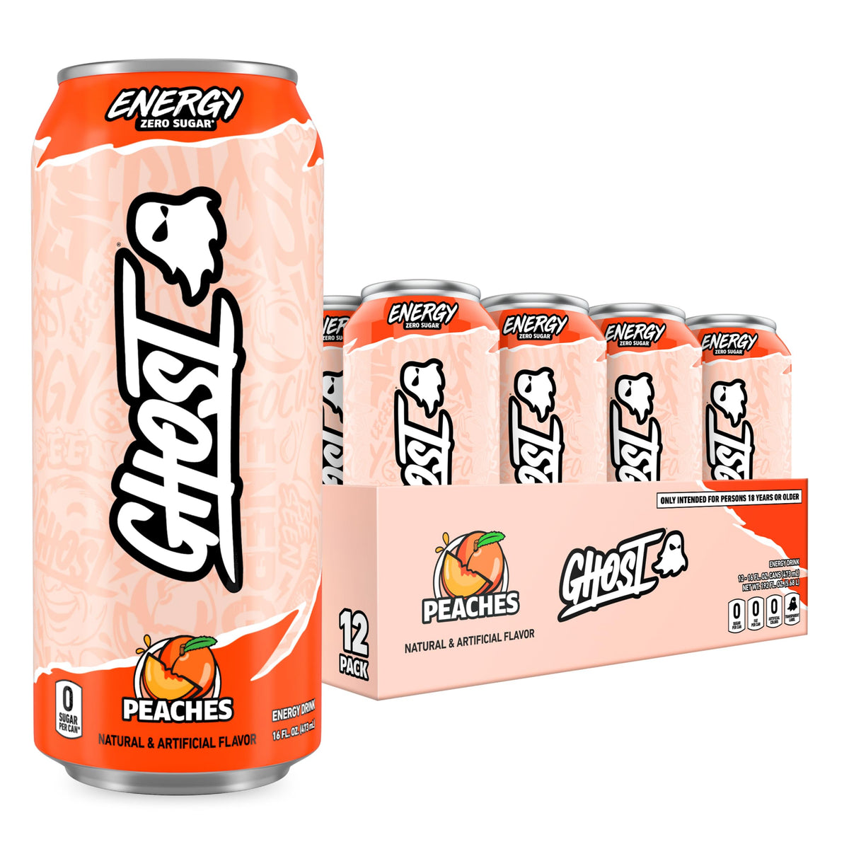 GHOST Energy Peach 16oz can front view with bold flavor and energy boost.