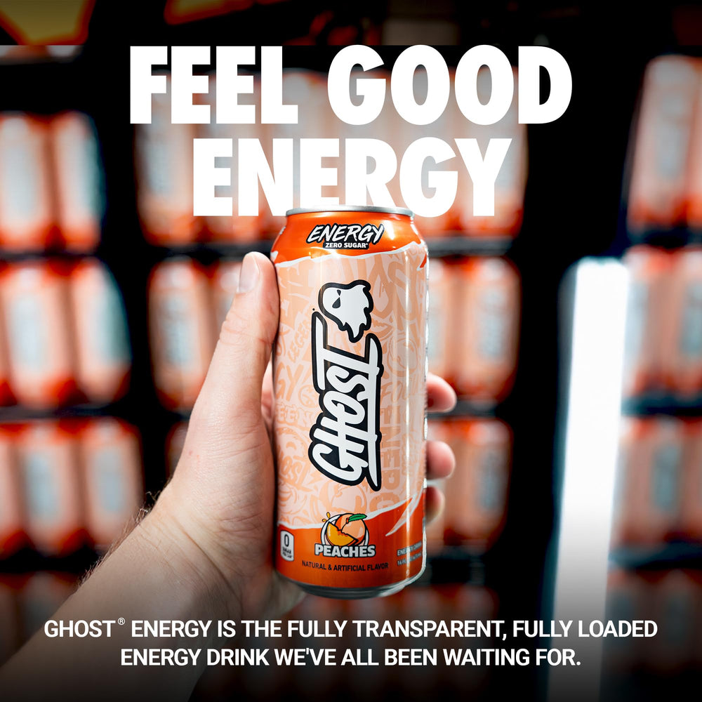 GHOST Energy Peach 16oz can side view showing label transparency and clean ingredients.