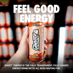 GHOST Energy Peach 16oz can side view showing label transparency and clean ingredients.