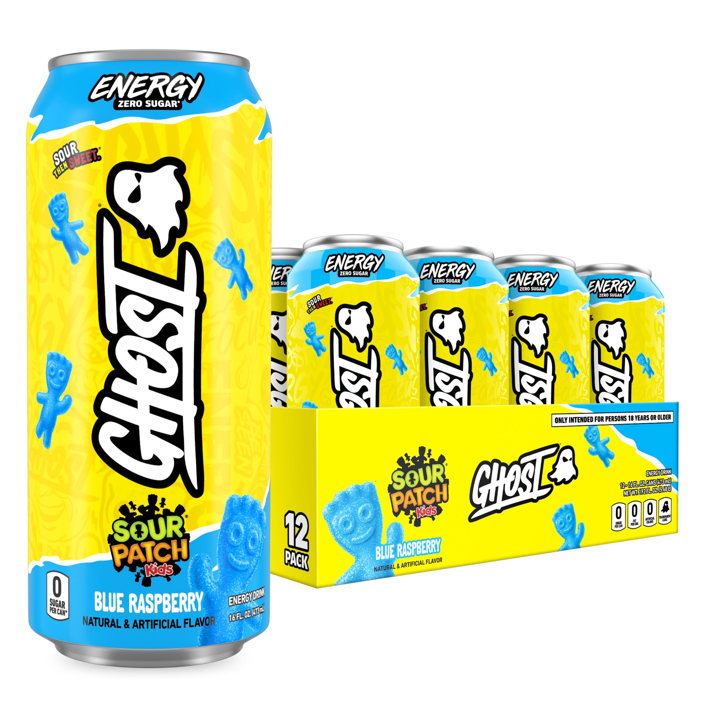 Ghost Energy Sour Patch Kids Blue Raspberry 12-pack can closeup highlighting bold flavor and sustained focus potential.