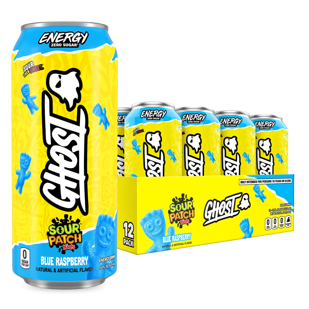 Ghost Energy Sour Patch Kids Blue Raspberry 12-pack can closeup highlighting bold flavor and sustained focus potential.