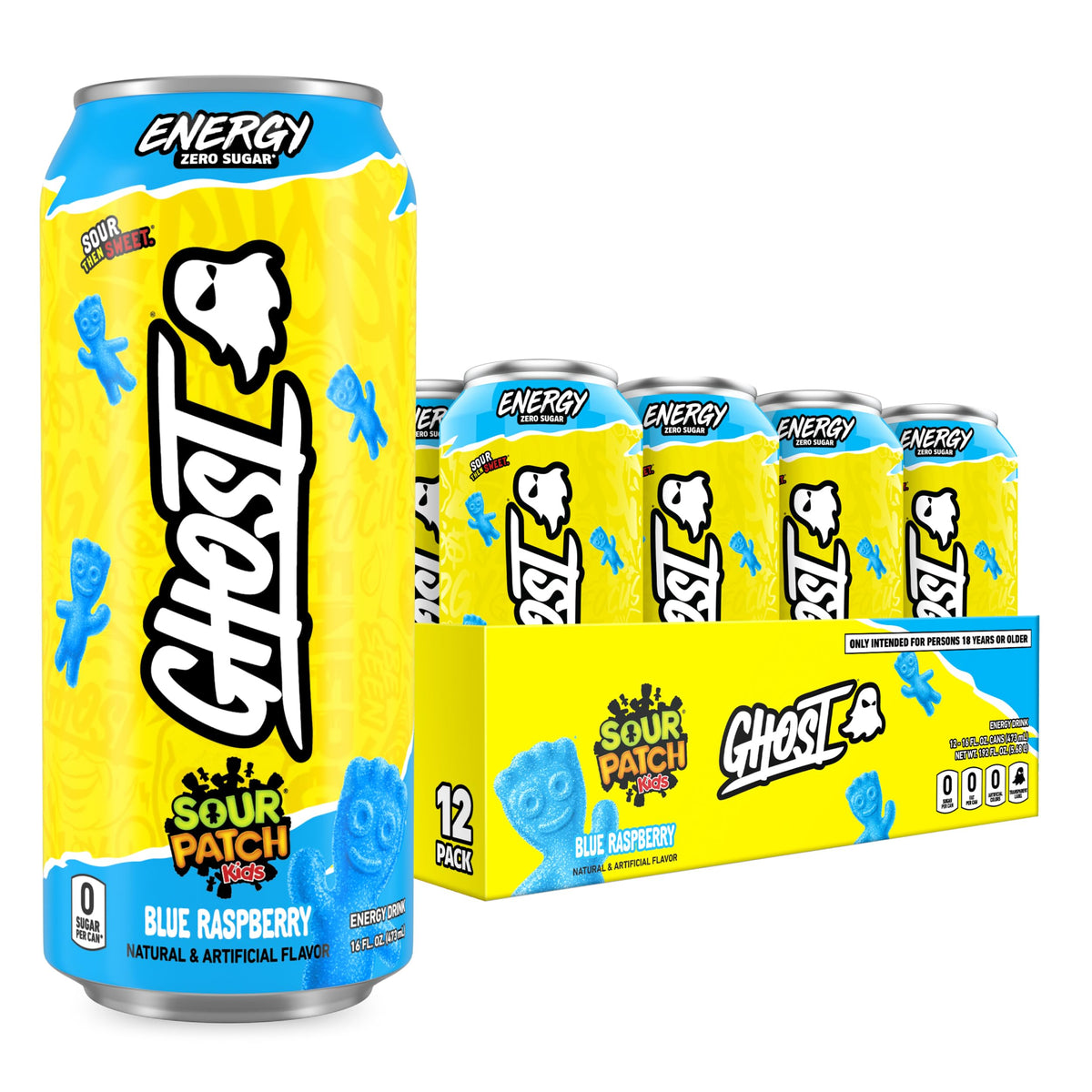 Ghost Energy Sour Patch Kids Blue Raspberry 12-pack can closeup highlighting bold flavor and sustained focus potential.