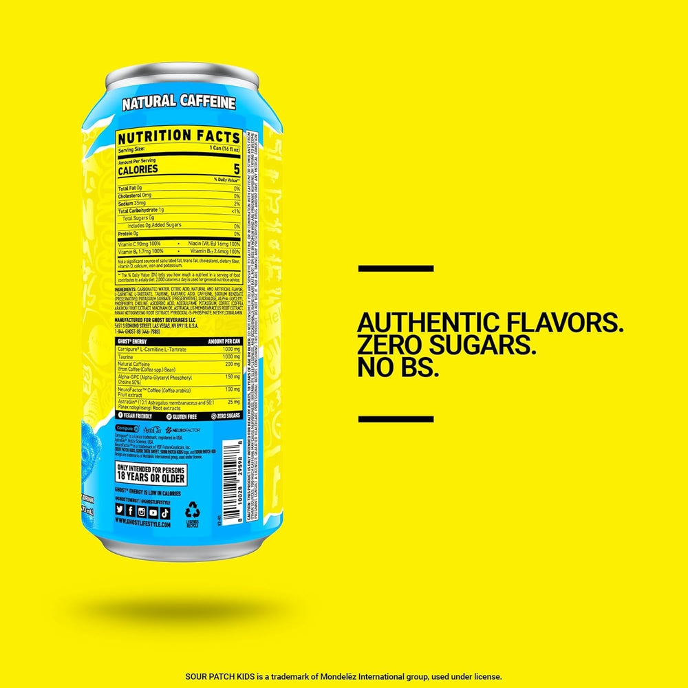 Ghost Energy Sour Patch Kids Blue Raspberry can closeup emphasizing vegan formula and no artificial colors.