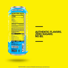 Ghost Energy Sour Patch Kids Blue Raspberry can closeup emphasizing vegan formula and no artificial colors.