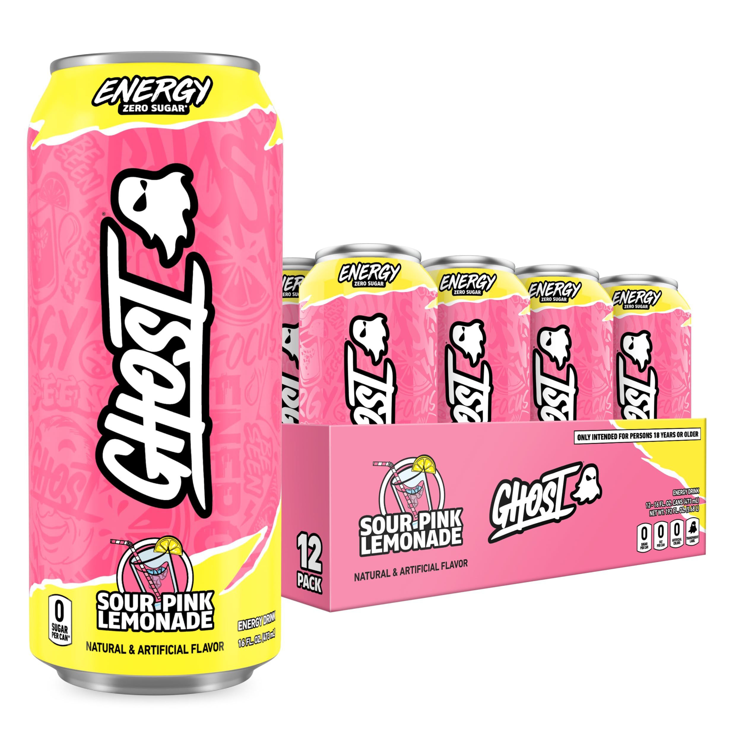 GHOST Energy Sour Pink Lemonade can front view for crisp energy boost.