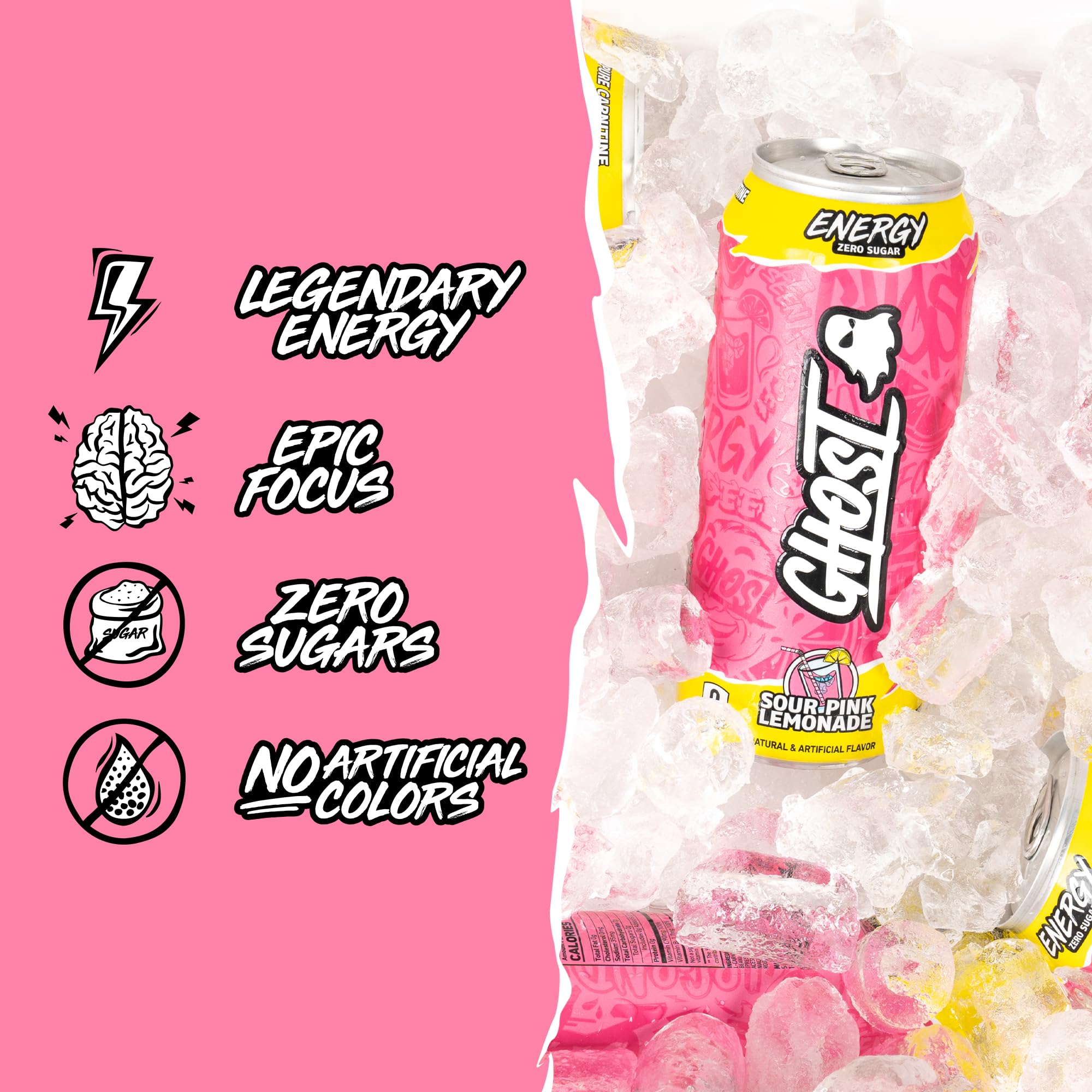 GHOST Energy Sour Pink Lemonade being poured into a glass for a quick lift.