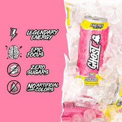 GHOST Energy Sour Pink Lemonade being poured into a glass for a quick lift.