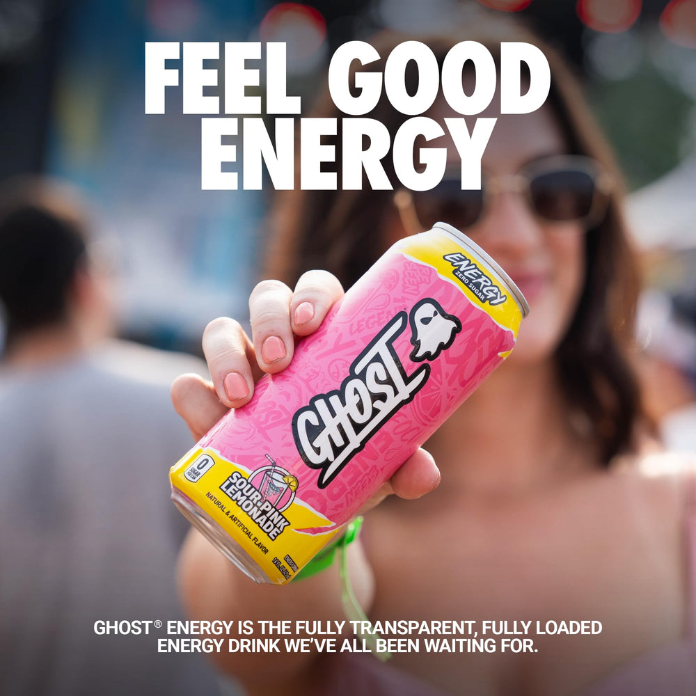 GHOST Energy Sour Pink Lemonade can side view for portable on-the-go focus.