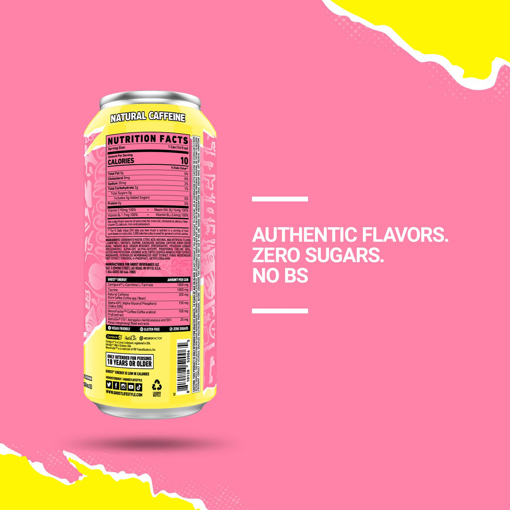 GHOST Energy Sour Pink Lemonade label close-up showing transparent ingredient disclosure.