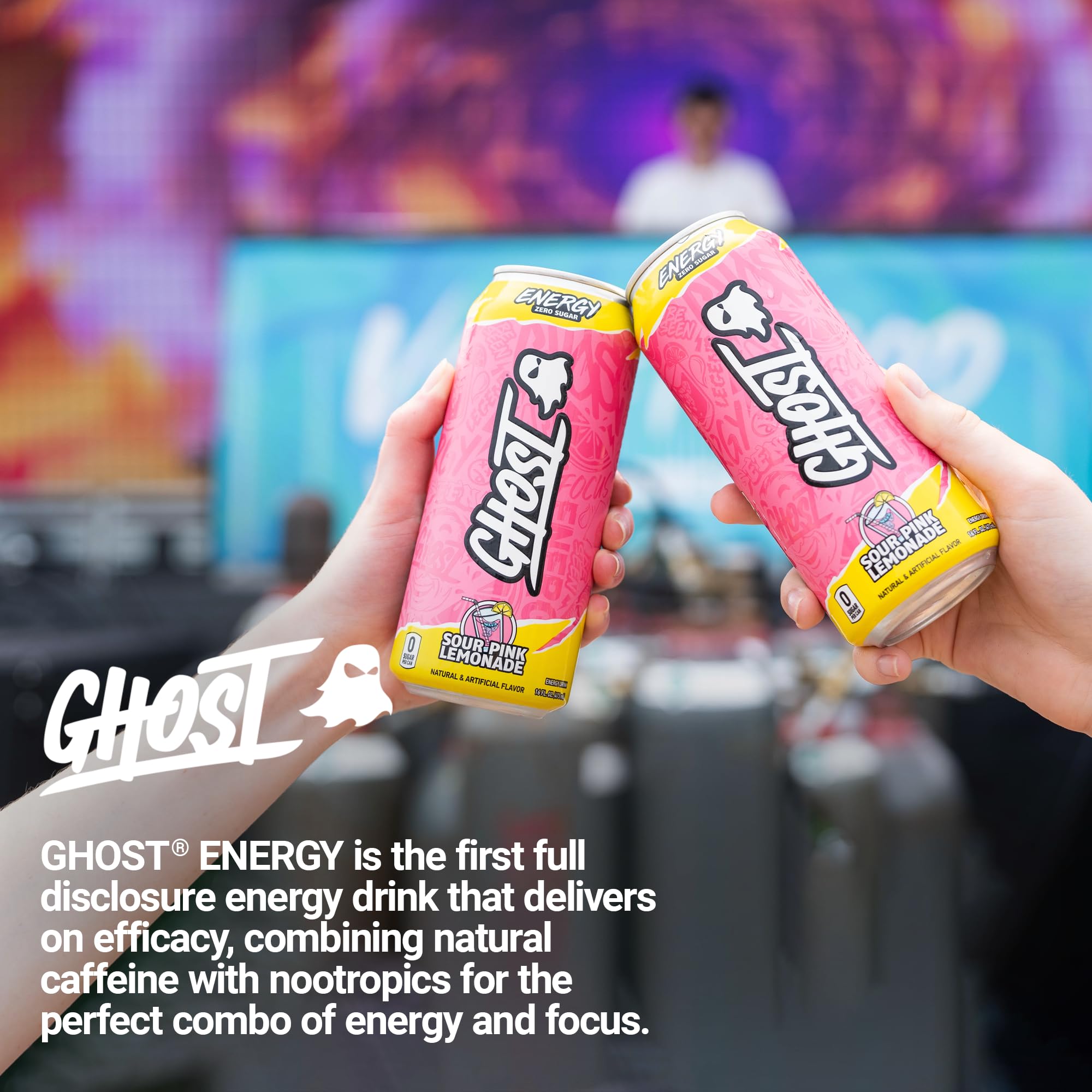 GHOST Energy Sour Pink Lemonade 12-pack on shelf for easy stocking.