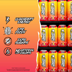 GHOST Energy Strawbango 12-pack display communicates zero sugar and low calories.