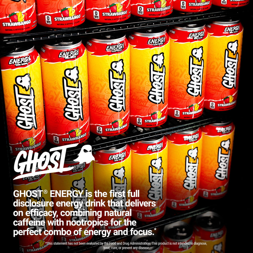 GHOST Energy Strawbango can being poured implies quick focus for workouts.