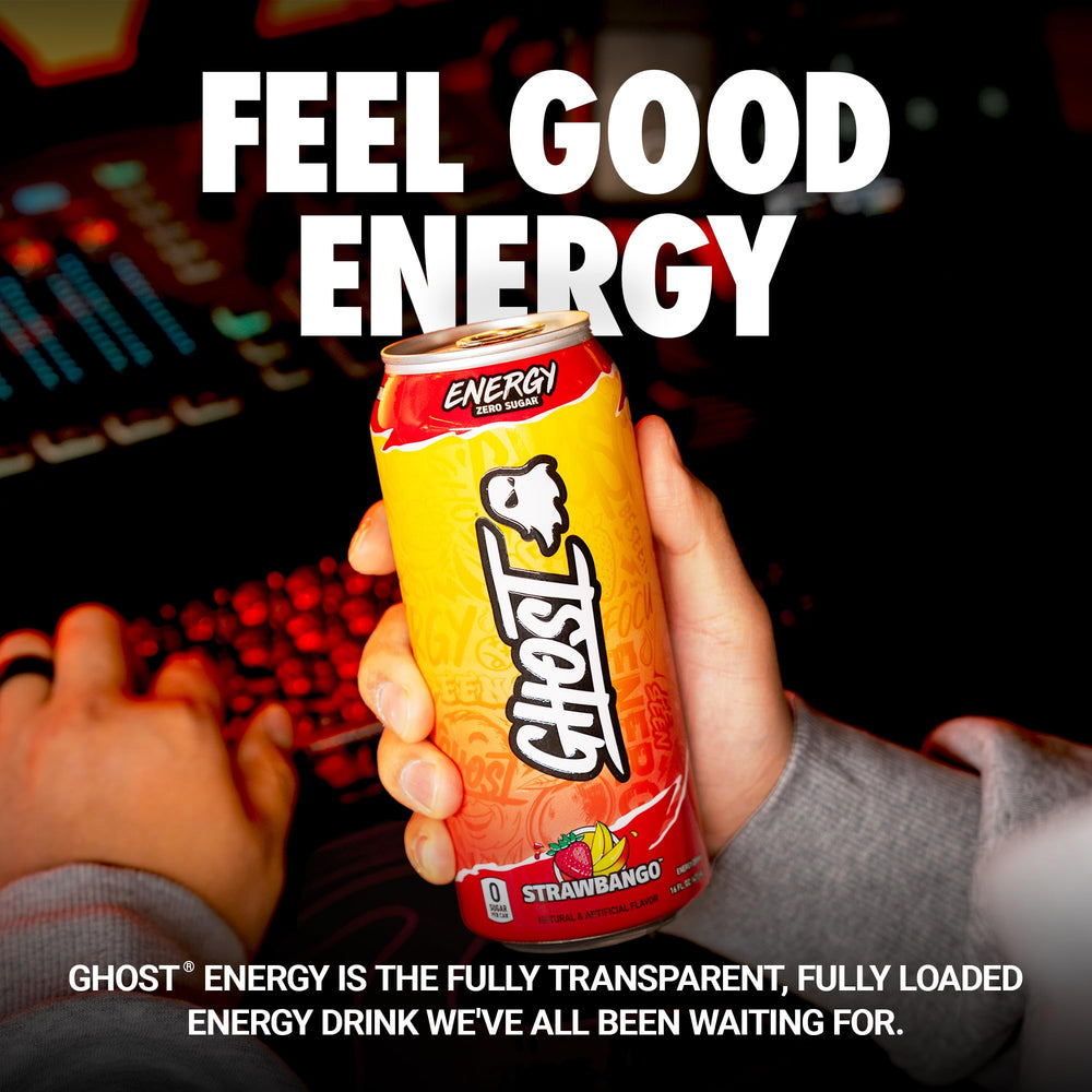 GHOST Energy Strawbango can label close-up highlighting natural caffeine and transparent ingredients.