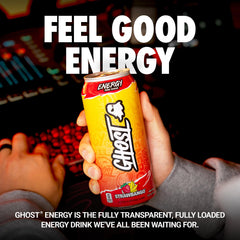 GHOST Energy Strawbango can label close-up highlighting natural caffeine and transparent ingredients.