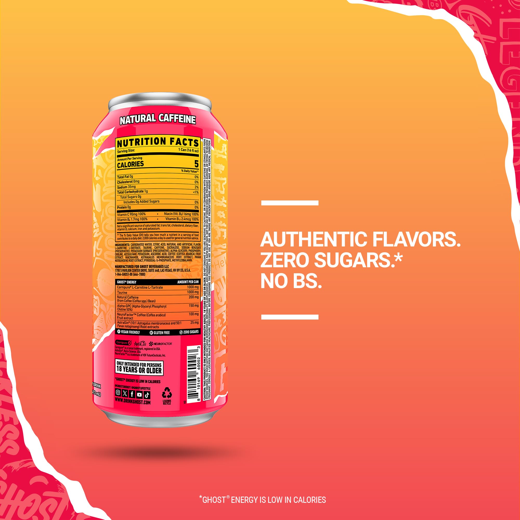 GHOST Energy Strawbango ingredients panel close-up emphasizes no artificial colors.