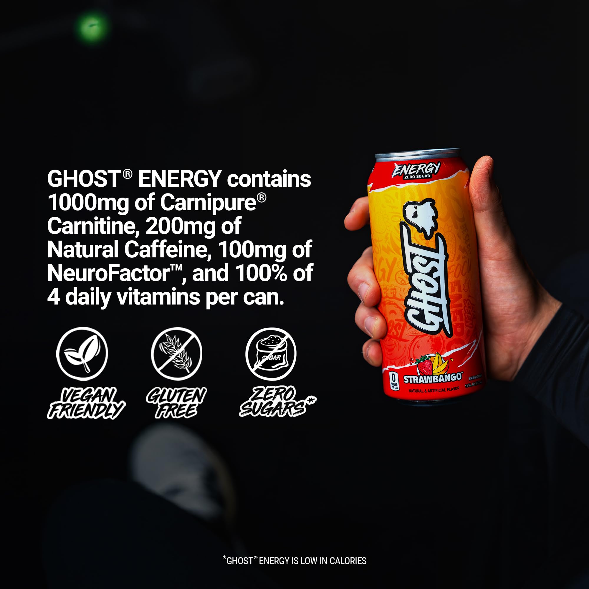 GHOST Energy Strawbango packaging shot highlights vegan and gluten-free formula.