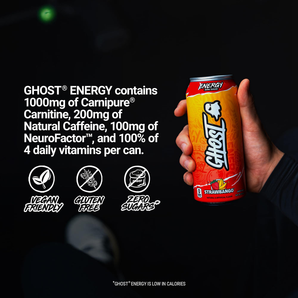 GHOST Energy Strawbango packaging shot highlights vegan and gluten-free formula.