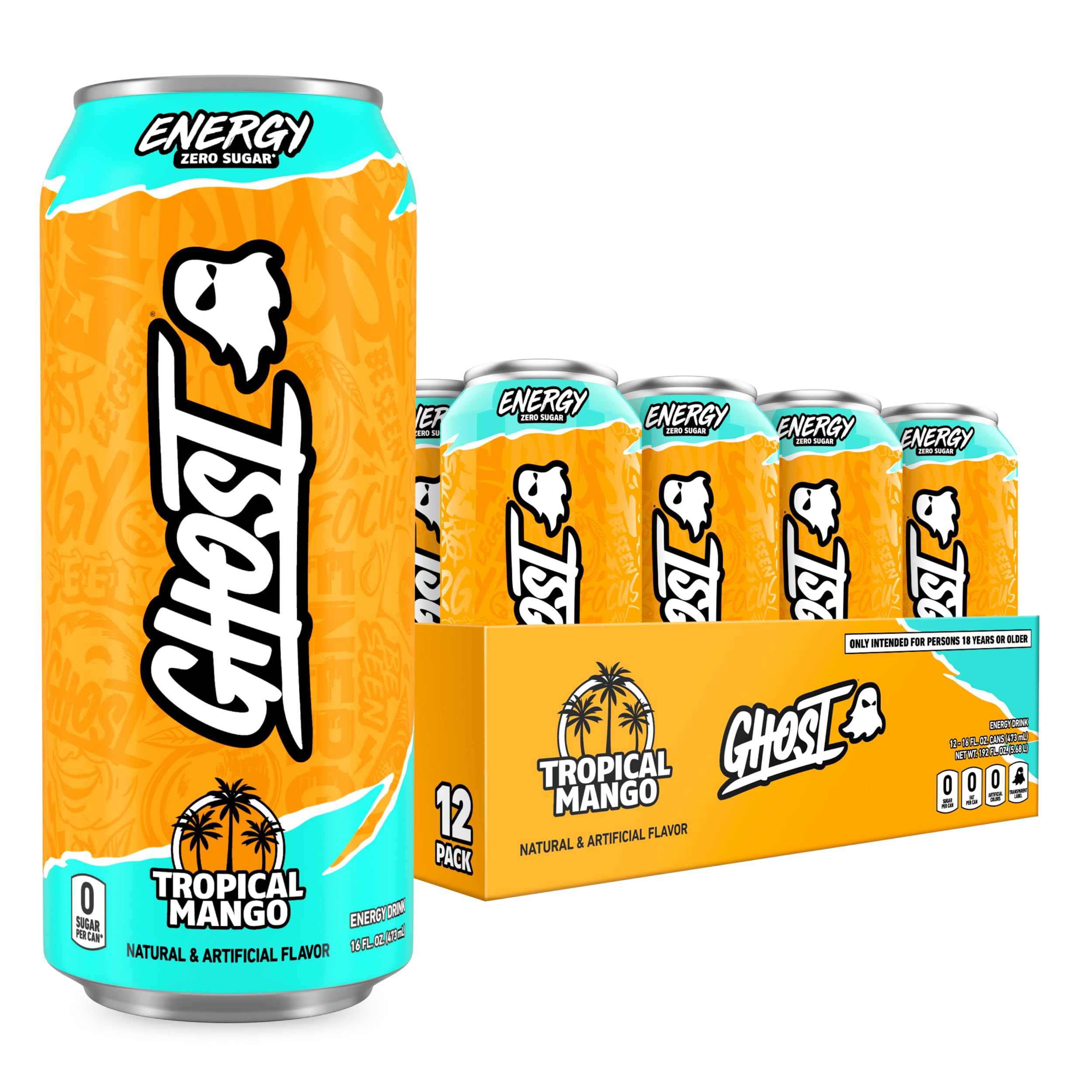 GHOST Energy Tropical Mango can with bold flavor and transparent label.